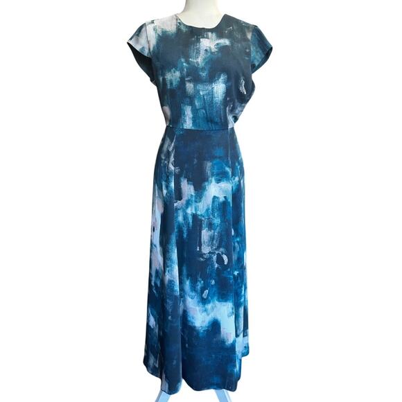 Aritzia Babaton Hamptons Dress Peacock / Deanude Size 6 Watercolor Open Back - Picture 2 of 7
